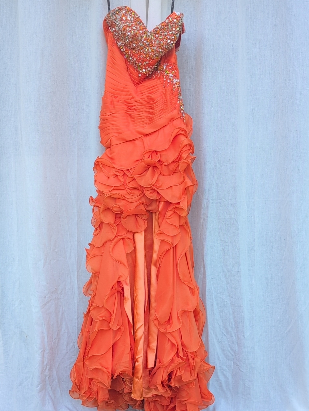 Disney Orange Strapless Ruffled Prom Gown with Beaded Sweetheart Bodice